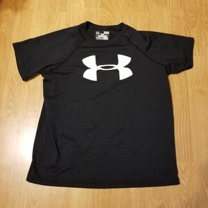 Under Armour Boys Youth Large Black White Logo Heat Gear Short Sleeve